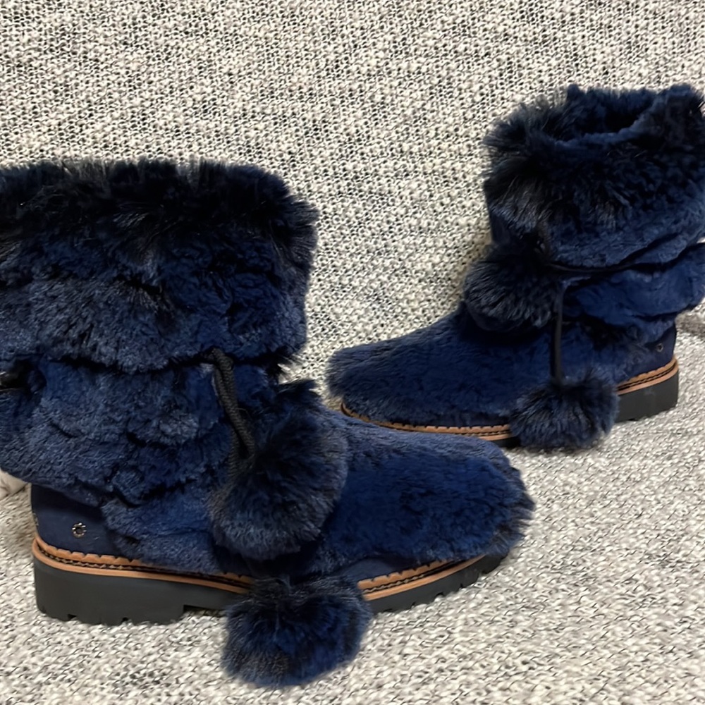 Sam Edelman faux fur winter tie up lace Pom boots slip on blue black fuzzy navy
